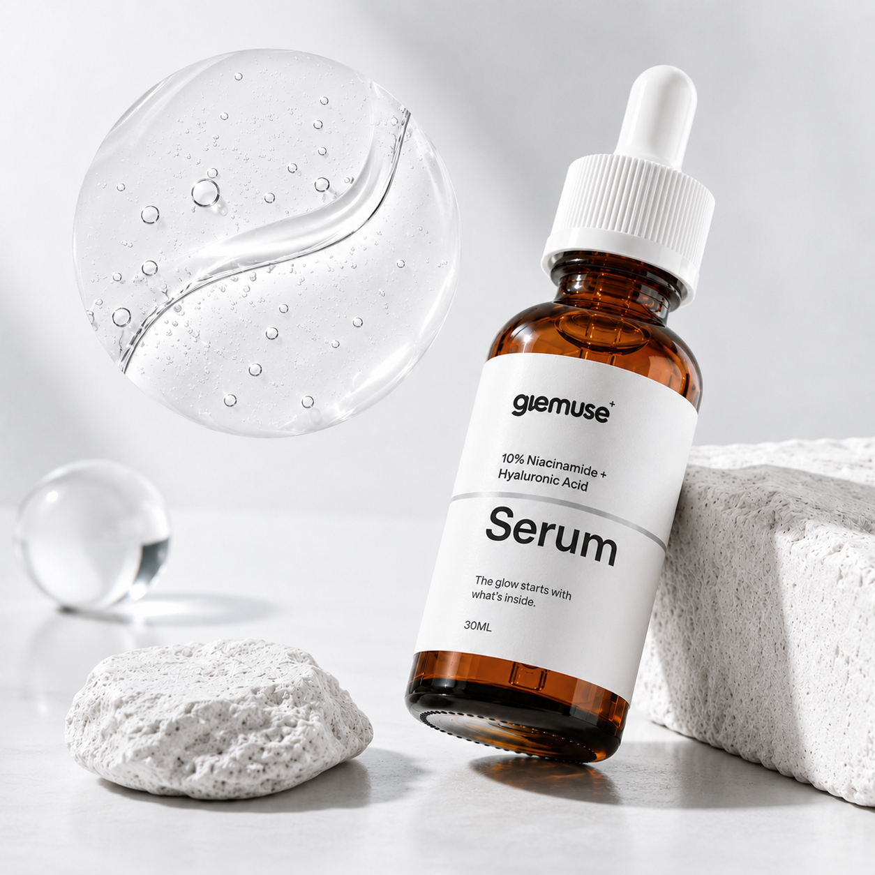 GLEMUSE 10% Niacinamide + Hyaluronic Acid Serum 30ml dropper bottle with serum texture swatch